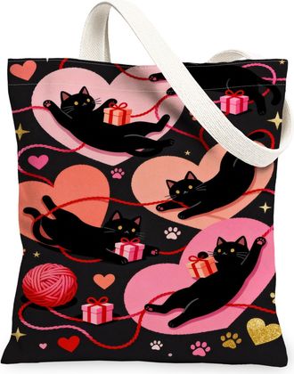 Generic ValentineS Day Cat Canvas Tote Bags, Adorable Feline Heart Pattern Reusable Shopping Bags, Lightweight Washable Shoulder S, Black, 13x15 Inch