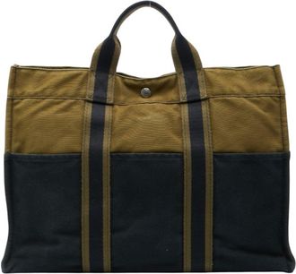 Herm&egrave;s Black Khaki Canvas Handbag Tote Bag (Pre-Owned)