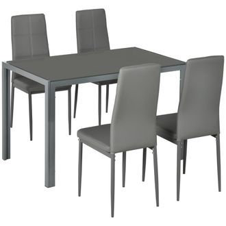 HOMCOM 5-Piece Kitchen Dining Table Set with 4 Faux Leather Metal Frame Chairs Glass Tabletop Desk for Dining Room - Kitchen - Dinette - Grey | TJ Hu