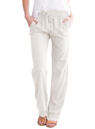 Zeagoo Womens Summer Lightweight Fabric Trousers Plain Long Cotton Linen Trousers Straight Cut Muslin Casual Trousers with Pockets S-XXL, White, L