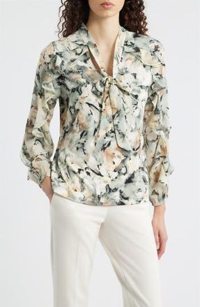 Anne Klein Printed Ruffle Tie Neck Top in Soft Aloe Multi at Nordstrom Rack, Size X-Small P