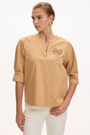 Exquise Katharine V Neck Short Sleeve Blouse in Camel at Nordstrom, Size X-Small