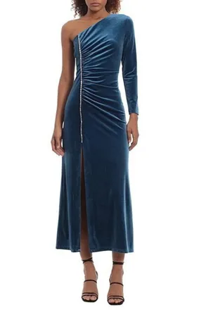 Donna Morgan Velvet One Shoulder Embellished Front Slit Midi Dress In Poseidon