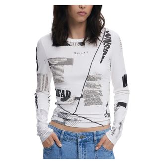 Desigual Camiseta de manga larga con estampado de peri&oacute;dico - Tops - Mujer - Blanco - L