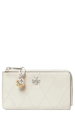 Tory Burch Charlie Quilted Zip Leather Card Case in Light Cream/charms at Nordstrom