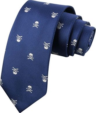 Alizeal Skull Pattern Printed Neck Tie for Men Halloween Funny Party Slim Ties, Navy