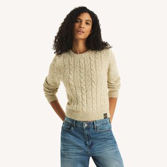 Nautica Womens Marled Crewneck Cable Sweater