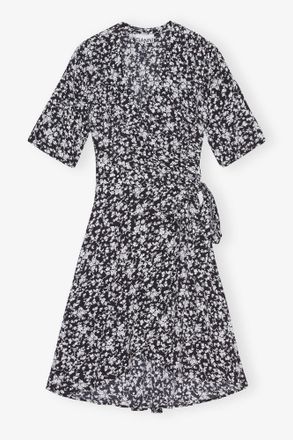Ganni Black Printed Crepe Wrap Dress - Size 10/12 Viscose