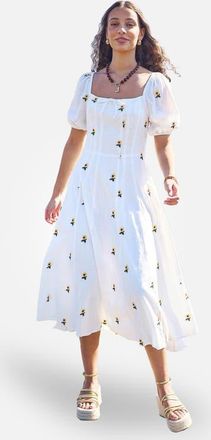 Yumi Cotton Sunflower Embroidered Midi Dress in White at Nordstrom, Size 10