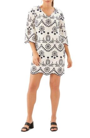 Karen Kane Embroidered Eyelet Cotton Shift Dress in Cream W/Navy at Nordstrom, Size X-Large