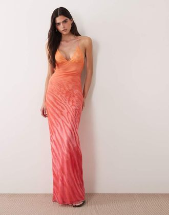 I.AM.GIA Ellery - Vestito lungo con stampa animalier rosa e arancione sfumato con spalline sottili e apertura sul retro con farfalla