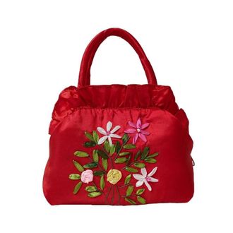 Generic Ethnic Style Tote Bag, Small Purse Wallet, Embroidery Flower Satin Silk Handbag, Zipper Flower Wrist Bag for Women Phone Cosmetic(red)