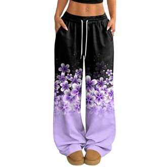 Generic Womens Casual Wide Leg Trousers Baggy Lightweight Stretch Jogging Pants Ladies High Waist Casual Sweatpant with Drawstirng and Pockets Purple S 219