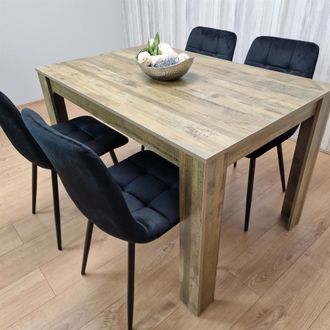 Kosy Koala Rustic Effect Dining Table Set with 4 Black Velvet Chairs - 4 Seater Dining Room Furniture Set in Brown