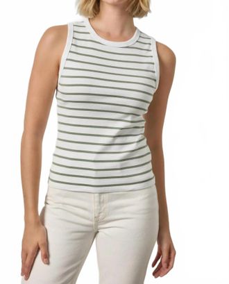 Lilla P Rib High Neck Tank Top In Sage Stripe