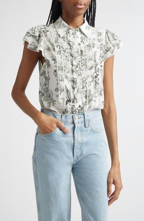 Alice & Olivia Minda Ruffle & Lace Silk Shirt in Daybreak at Nordstrom, Size X-Large