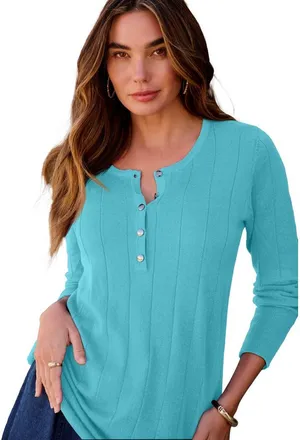 Roaman's Plus Size Drop Needle Henley Lightweight Sweater Knit in Soft Turquoise at Nordstrom, Size Medium