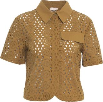 Liu Jo Bruin Cropped Shirt met Borduursel - Dames - Overhemden - Bruin - S - Katoen - Overhemden