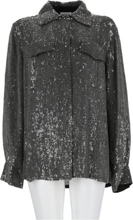P.A.R.O.S.H. Charcoal Sequin Loose-Fit Viscose Casual Shirt