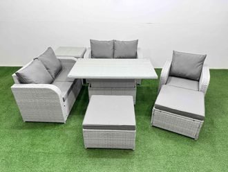 Fimous High Back Poly Rattan Garden Furniture Set w/ Reclining Chair Loveseat Sofa Adjustable Lifting Dining or Coffee Table Indoor Outdoor Patio Set