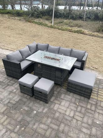 Fimous 9 Seater Rattan Corner Sofa Set Gas Firepit Dining Table Set Patio Heater Burner With Big Footstool Dark Grey