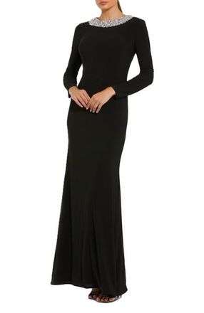 Mac Duggal Jersey Long Sleeve Fitted Gown With Beaded Neck in Black at Nordstrom, Size X-Small