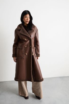 Warehouse Womens Whipstitch Faux Leather Shearling Coat - Chocolate - Size 10 UK