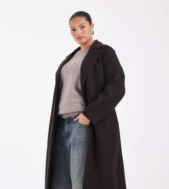 Vero Moda Curve cappotto midi elegante con cintura color marrone cioccolato