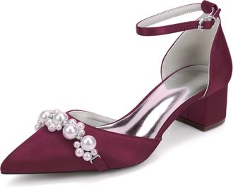 Generic Bridal Shoes Womens Block Heel Pearl Satin Closed Pointed Toe Low Heel Pump Party Wedding Dress Shoes 4.5Cm,Burgundy,10 UK