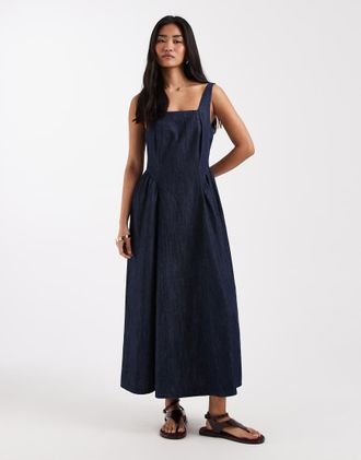 New Look Vestito midi di jeans indaco con scollo squadrato-Blu navy
