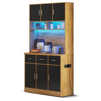 STILVORA Credenza Da Cucina Alta Con 6 Ante, 3 Cassetti, Ripiani Regolabili, Led E Prese, In Mdf, 100 X 40 X 180 Cm, Naturale Nero