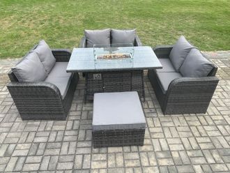 Fimous Rattan Outdoor Garden Furniture Sofa Set Gas Fire Pit Dining Table Gas Heater with Love Sofa Big Footstool Dark Grey Mixed