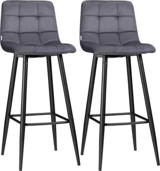 HOMCOM Homcom Juego De 2 Taburetes Altos De Cocina, Taburetes De Bar Tapizados En Terciopelo, Reposapi&eacute;s Y Respaldo, Estructura De Acero, Para Comedor, Gris