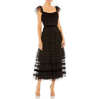 Mac Duggal Womens Ruffle Cap Sleeve Embellished Tiered Midi Dress in Black at Nordstrom, Size 10