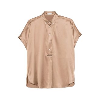 Brunello Cucinelli Buttoned Silk Top - female - Brunello Cucinelli - Blouses - Beige - M - Blouses & Shirts