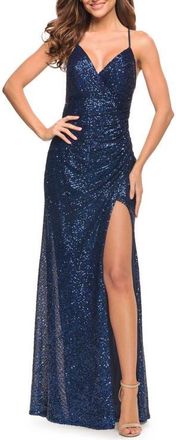 La Femme Long Sequin Gown in Jewel Tones with V Neckline in Navy at Nordstrom, Size 00