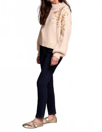Tribal Sequin Floral Applique Mock Neck Sweater In Latte