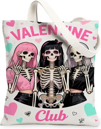 Generic ValentineS Skeleton Canvas Tote Bags, Cute Skull Heart Pattern Reusable Shopping Bags, Lightweight Washable Shoulder Strap, White, 13x15 Inch