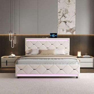 OEM Cama Doble 140x190 Cm Con Cajones, Bandas Led Rgb 9 Colores, Puertos Usb/type-c, Terciopelo Blanco, Cama Cofre Moderna Con Almacenamiento