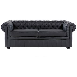 Beliani Sof&aacute; Chesterfield 3 Plazas De Piel Negro Con Respaldo Capiton&eacute; Sala De Estar Vintage Y Glamour Chesterfield