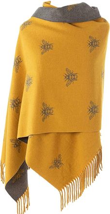 World of Shawls WINTER WARMER Reversible Thick Long Bumble Bee Print Fashion Scarf Blanket Wrap (Mustard/Grey)