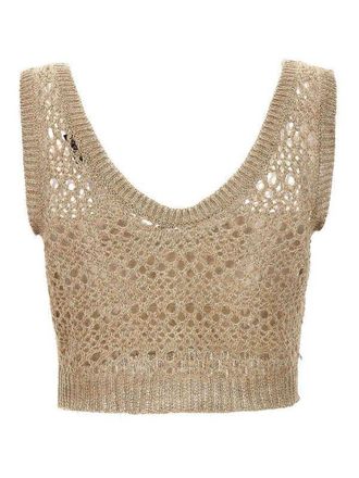 Brunello Cucinelli Openwork Linen-Silk Knit Tank Top - Beige