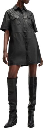 AllSaints Rock Western Leather Mini Shirtdress in Black at Nordstrom, Size 0 Us