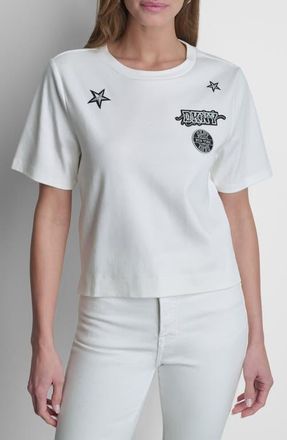 DKNY Pins & Patches Crop Cotton T-Shirt in White at Nordstrom, Size Xx-Small