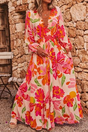 Azura Exchange Womens Floral Print Maxi Dress - Peach Viscose - Size X-Large