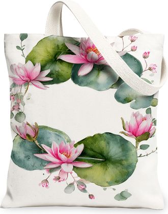 Generic Floral Canvas Tote Bags, Water Lily Plant Design Reusable Grocery Bags, Summer Vintage Botanical Lightweight Washable Shoul, White, 13x15 Inch