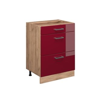 Vicco Mueble Bajo De Cocina R-line, Rojo Burdeos Alto Brillo, 60 Cm Con Cajones, Sin Encimera Vicco