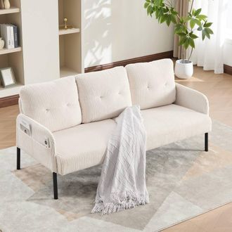 Direct Wicker Oversized Loveseat, Double-Seater Corduroy Couch with Side Pockets in Beige | Size: 1 Pack