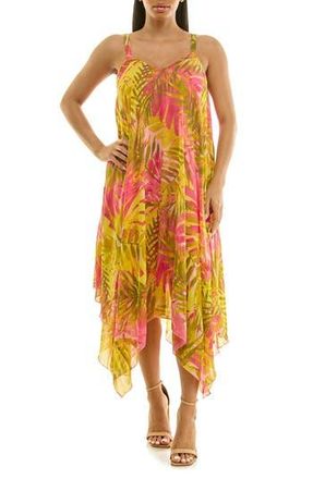 Nina Leonard Patterned Handkerchief Hem Dress in Lime/bubblegum at Nordstrom Rack, Size X-Large