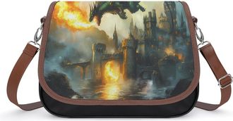 Generic Dragon And Castle Crossbody Bag Womens Handbag PU Message Bags Shoulder Purse with Adjustable Strap